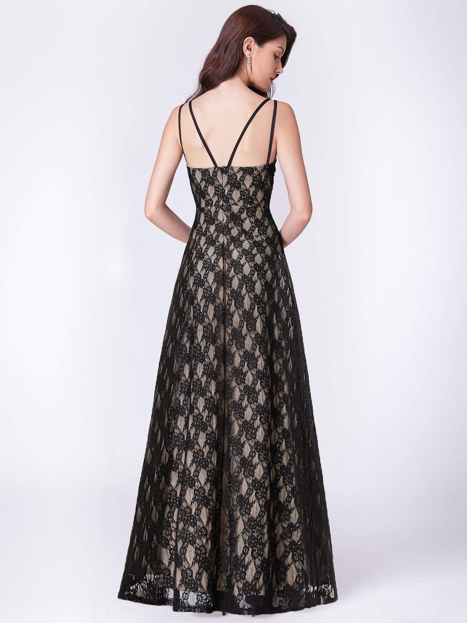 Color=Black | Floor Length Black Lace Evening Dress-Black 3