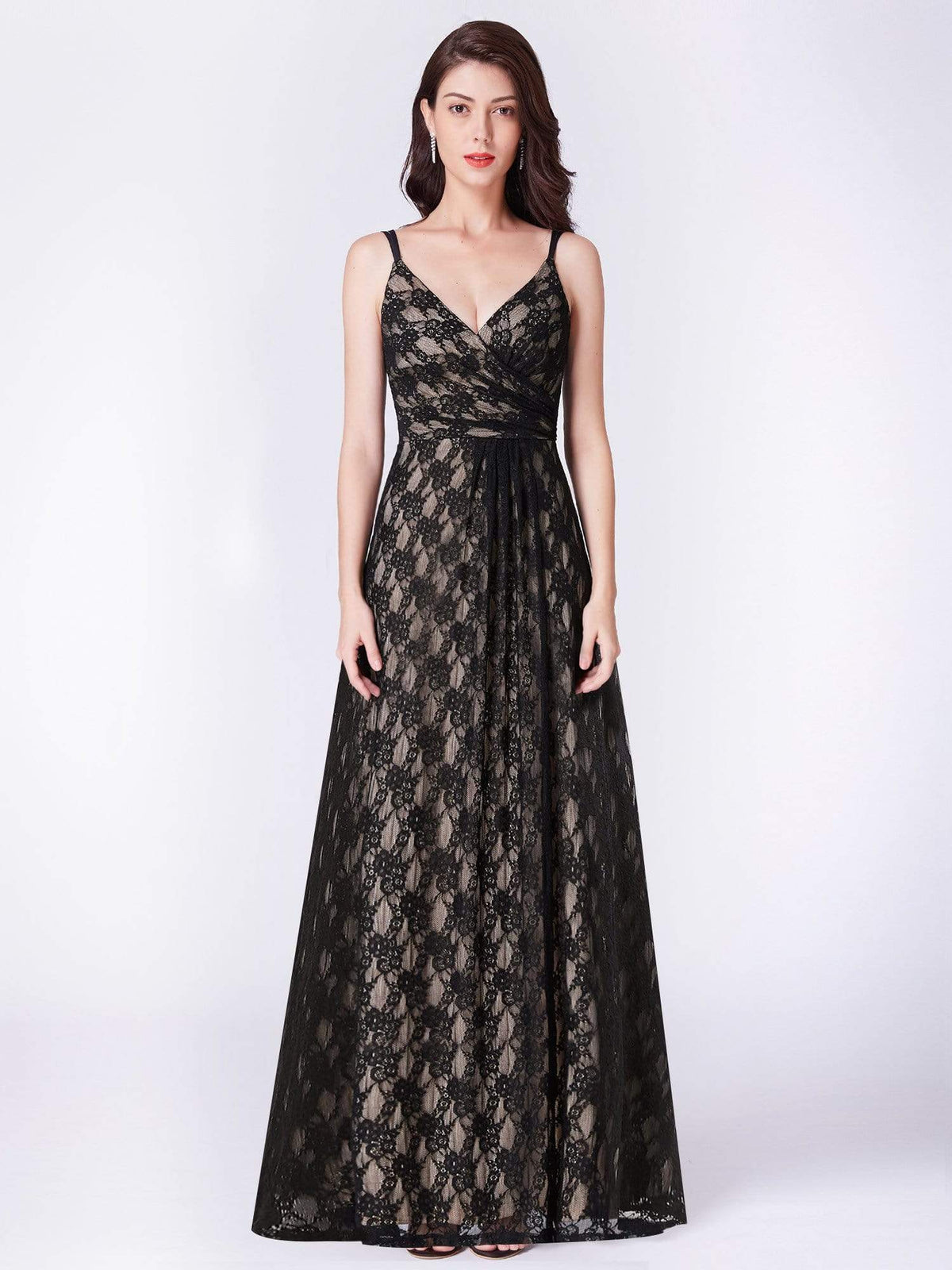 Color=Black | Floor Length Black Lace Evening Dress-Black 1