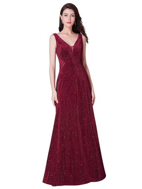 Color=Burgundy | Shimmery Long Evening Dress With Sheer Panels-Burgundy 2