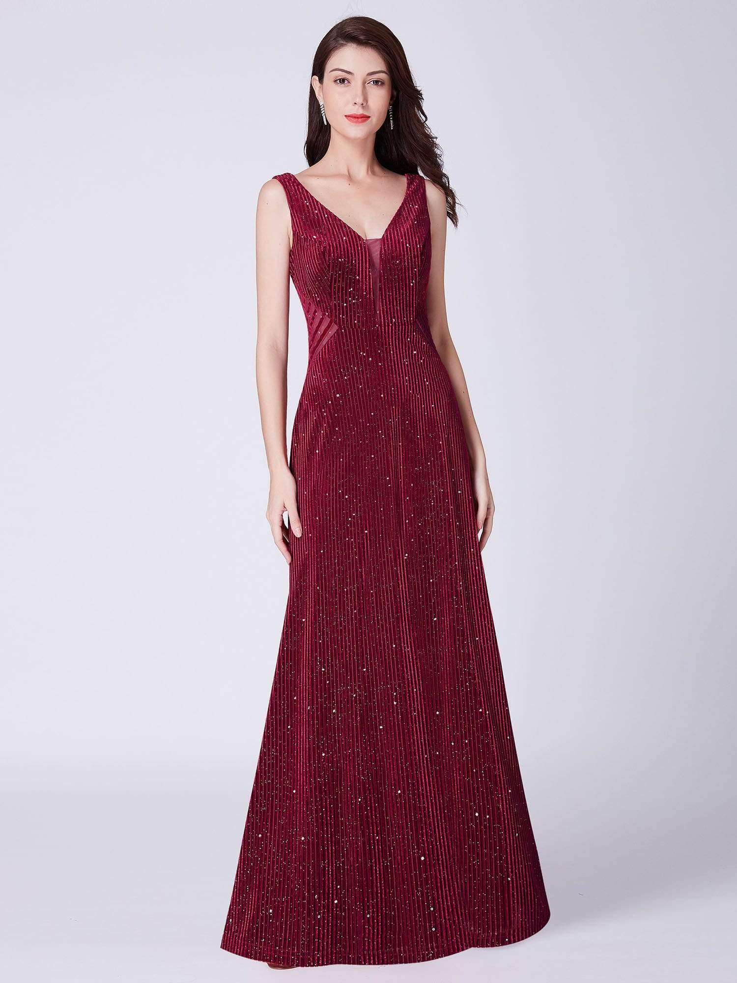 Color=Burgundy | Shimmery Long Evening Dress With Sheer Panels-Burgundy 1