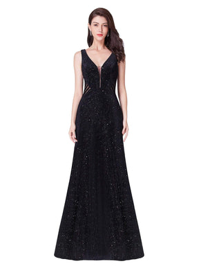 Color=Black | Shimmery Long Evening Dress With Sheer Panels-Black 2