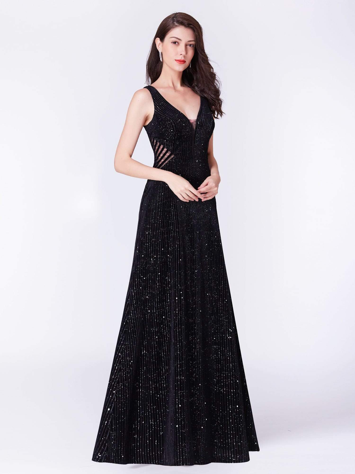 Color=Black | Shimmery Long Evening Dress With Sheer Panels-Black 5