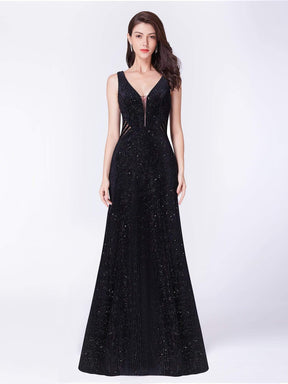 Color=Black | Shimmery Long Evening Dress With Sheer Panels-Black 1