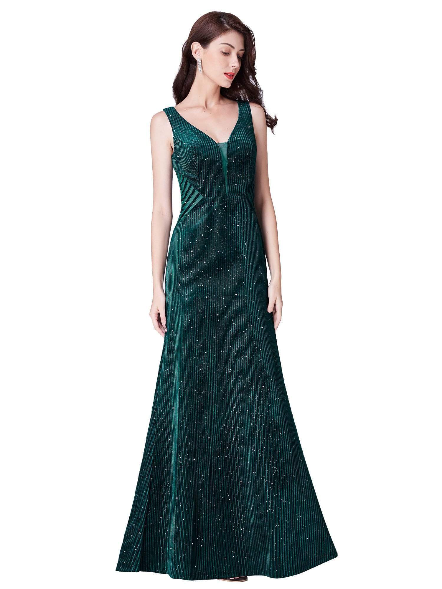 Color=Dark Green | Shimmery Long Evening Dress With Sheer Panels-Dark Green 2