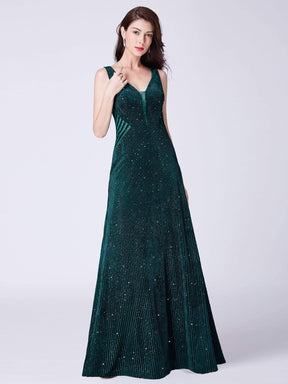 Color=Dark Green | Shimmery Long Evening Dress With Sheer Panels-Dark Green 4