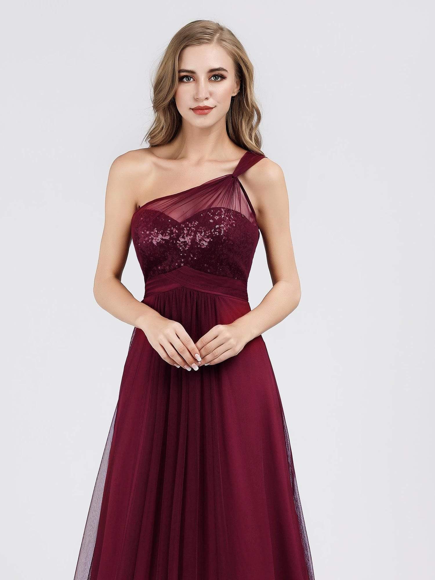 Color=Burgundy | One Shoulder Sequin Evening Party Dress-Burgundy 4
