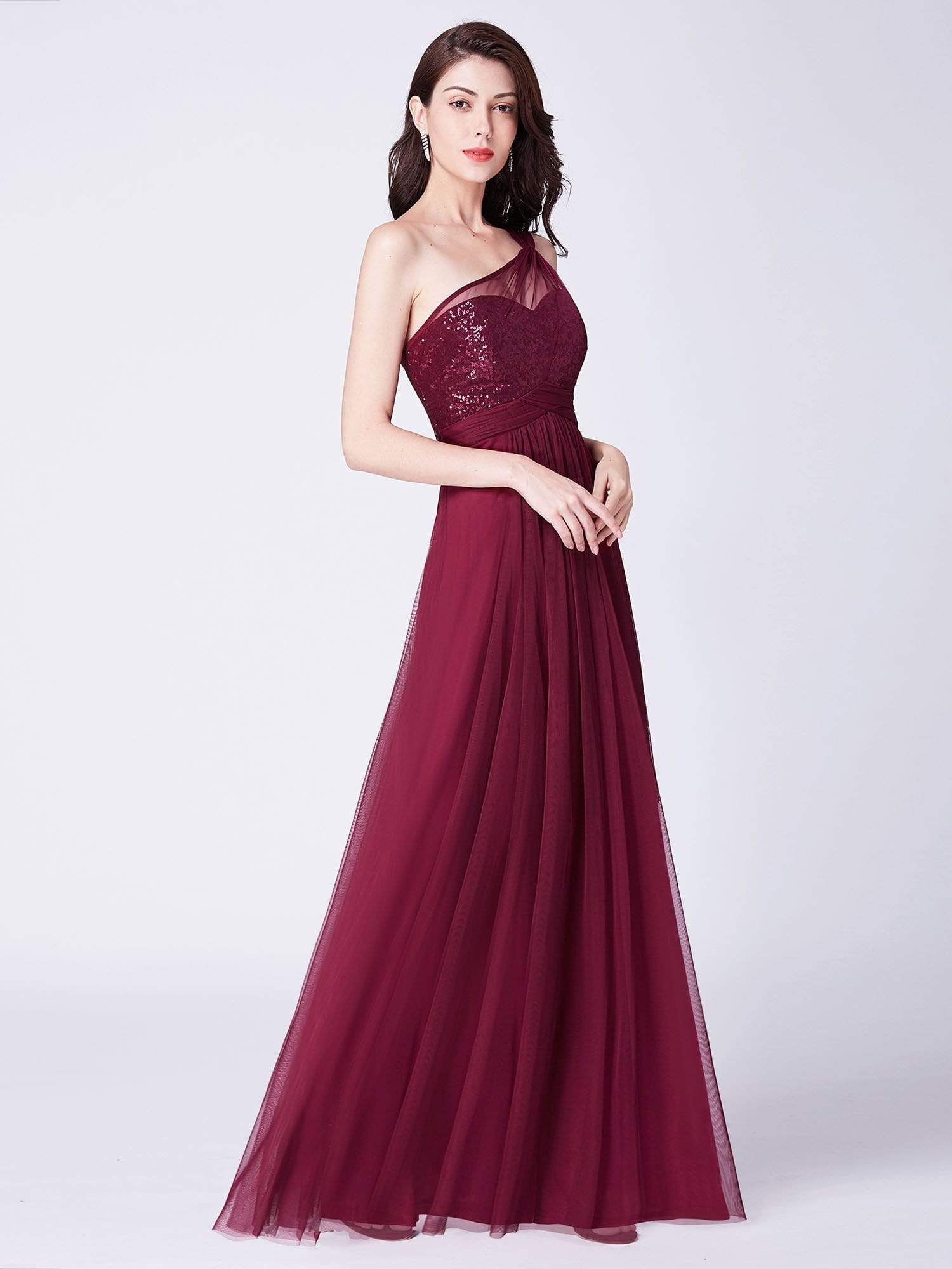 Color=Burgundy | One Shoulder Sequin Evening Party Dress-Burgundy 6
