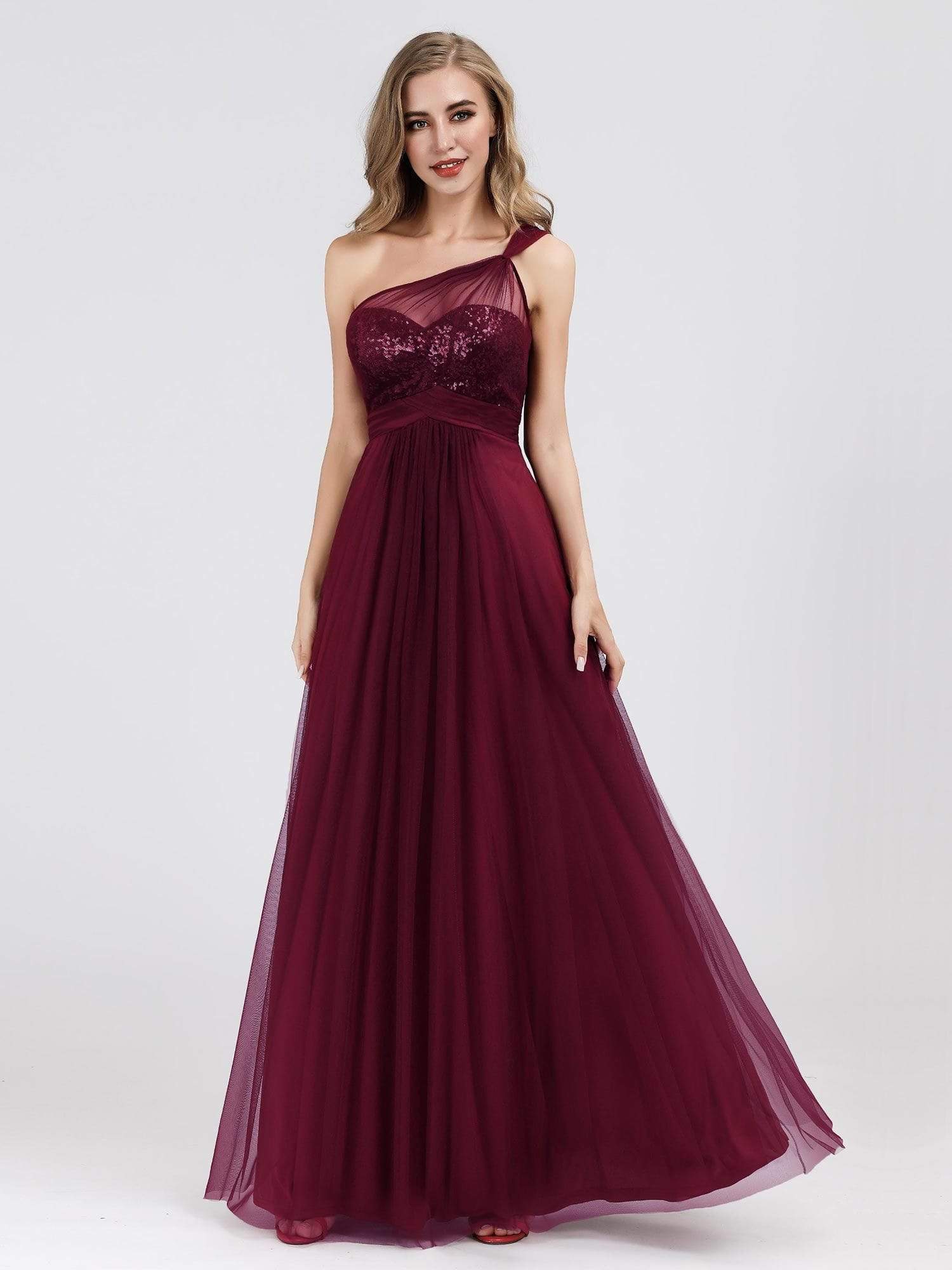 Color=Burgundy | One Shoulder Sequin Evening Party Dress-Burgundy 9