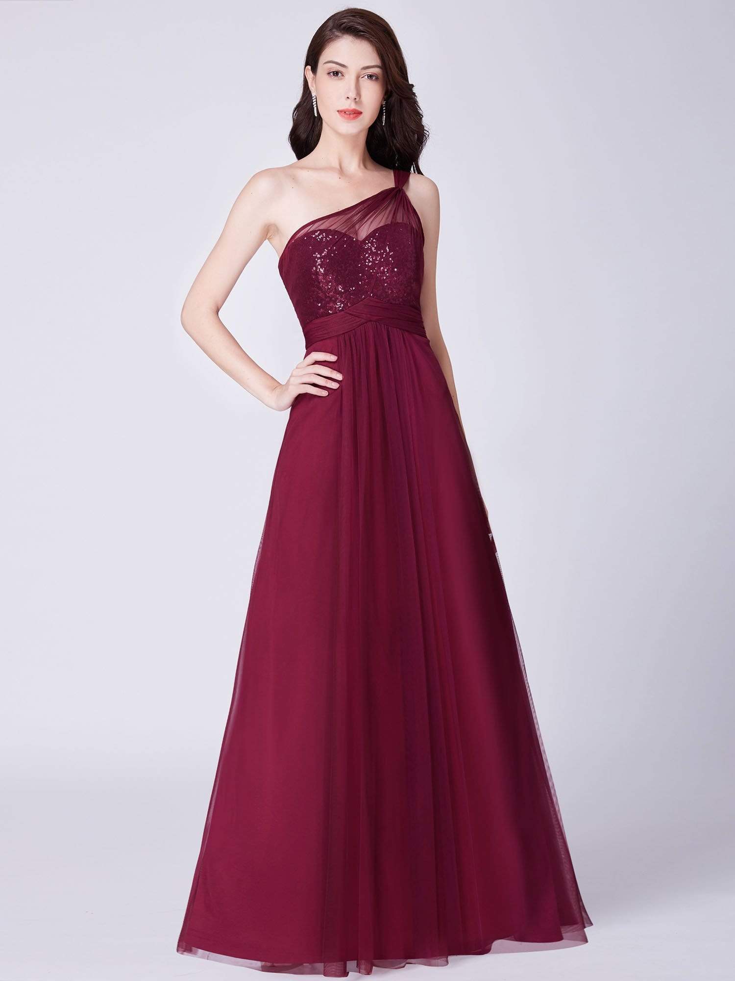 Color=Burgundy | One Shoulder Sequin Evening Party Dress-Burgundy 1