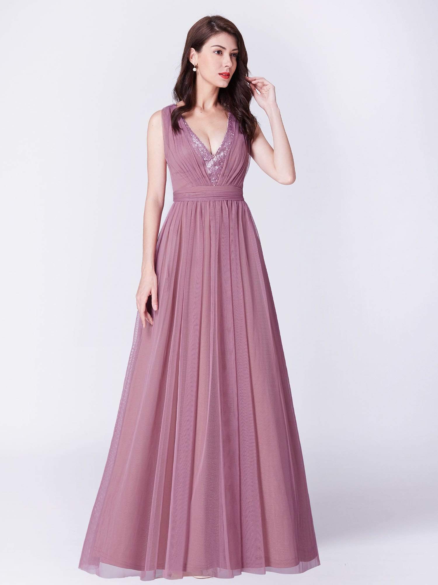 Color=Purple Orchid | V Neck Long A Line Party Dress-Purple Orchid 3