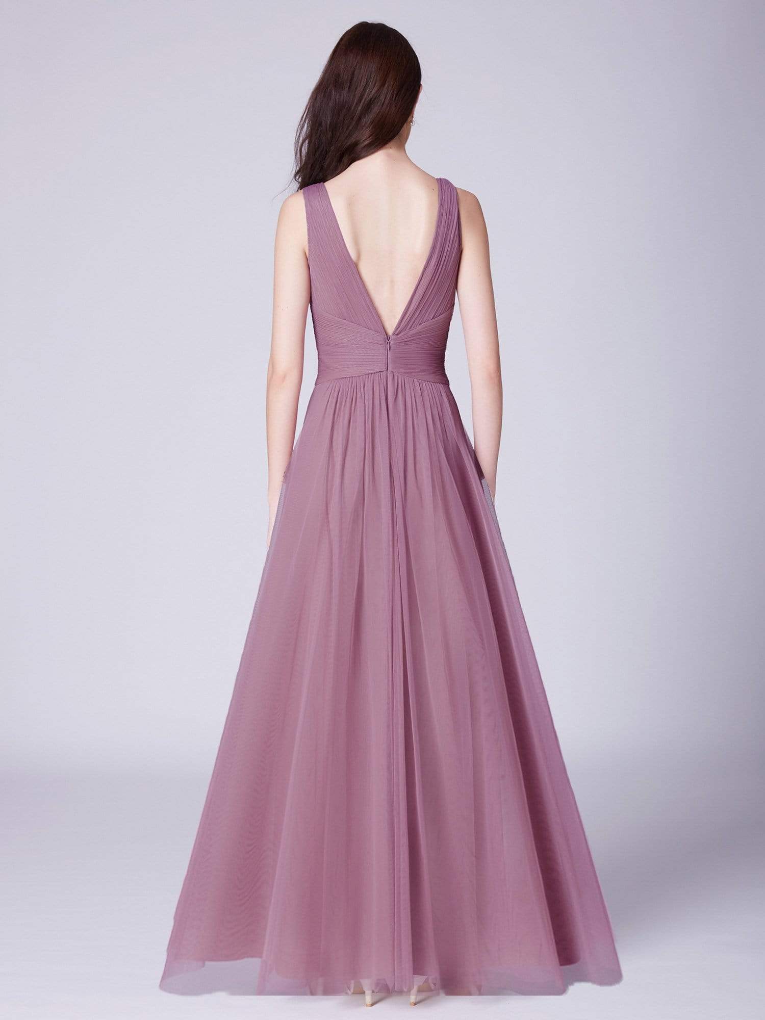 Color=Purple Orchid | V Neck Ruched Waist Long Formal Dress-Purple Orchid 3