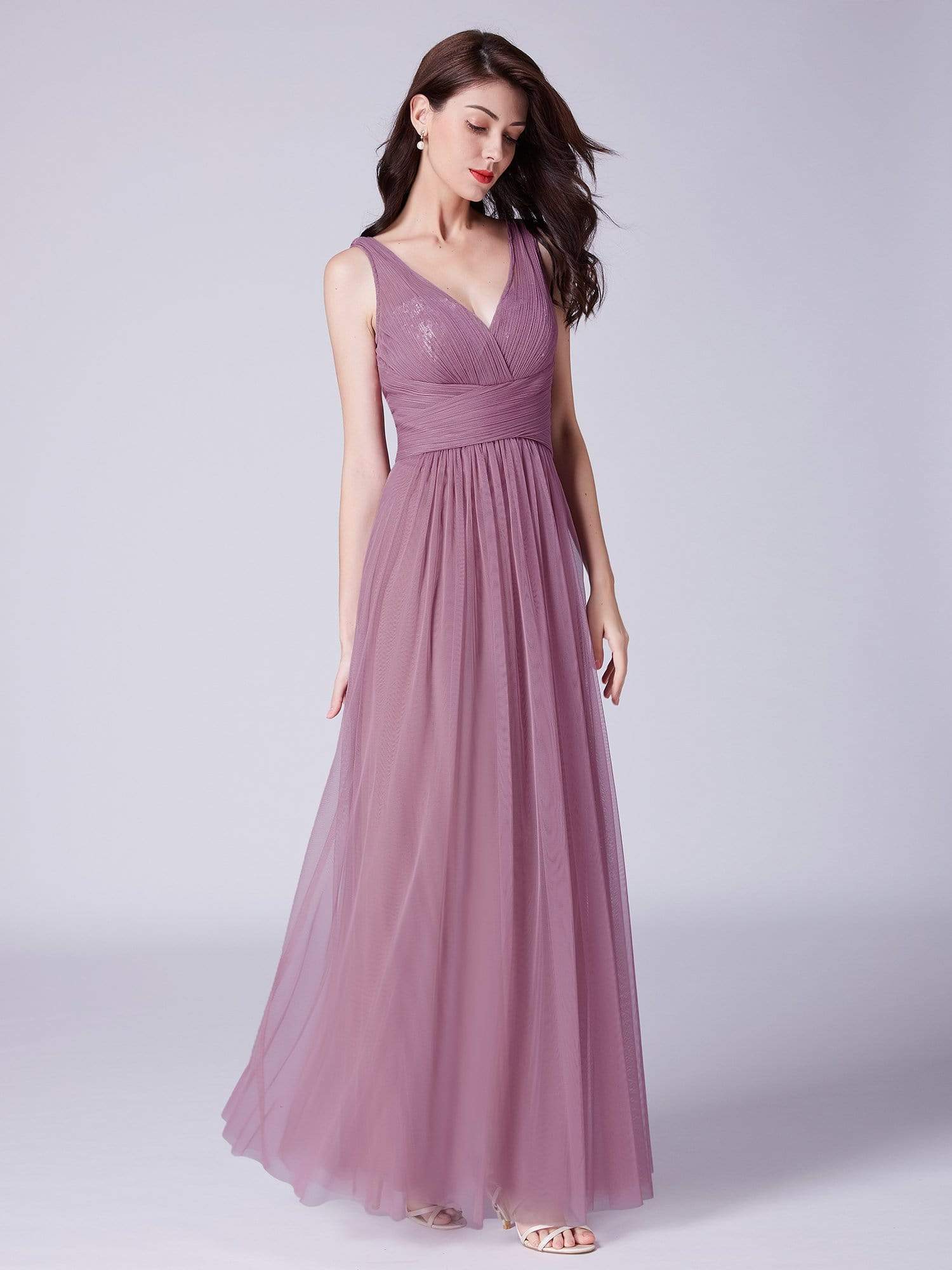 Color=Purple Orchid | V Neck Ruched Waist Long Formal Dress-Purple Orchid 4