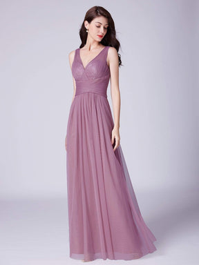 Color=Purple Orchid | V Neck Ruched Waist Long Formal Dress-Purple Orchid 5