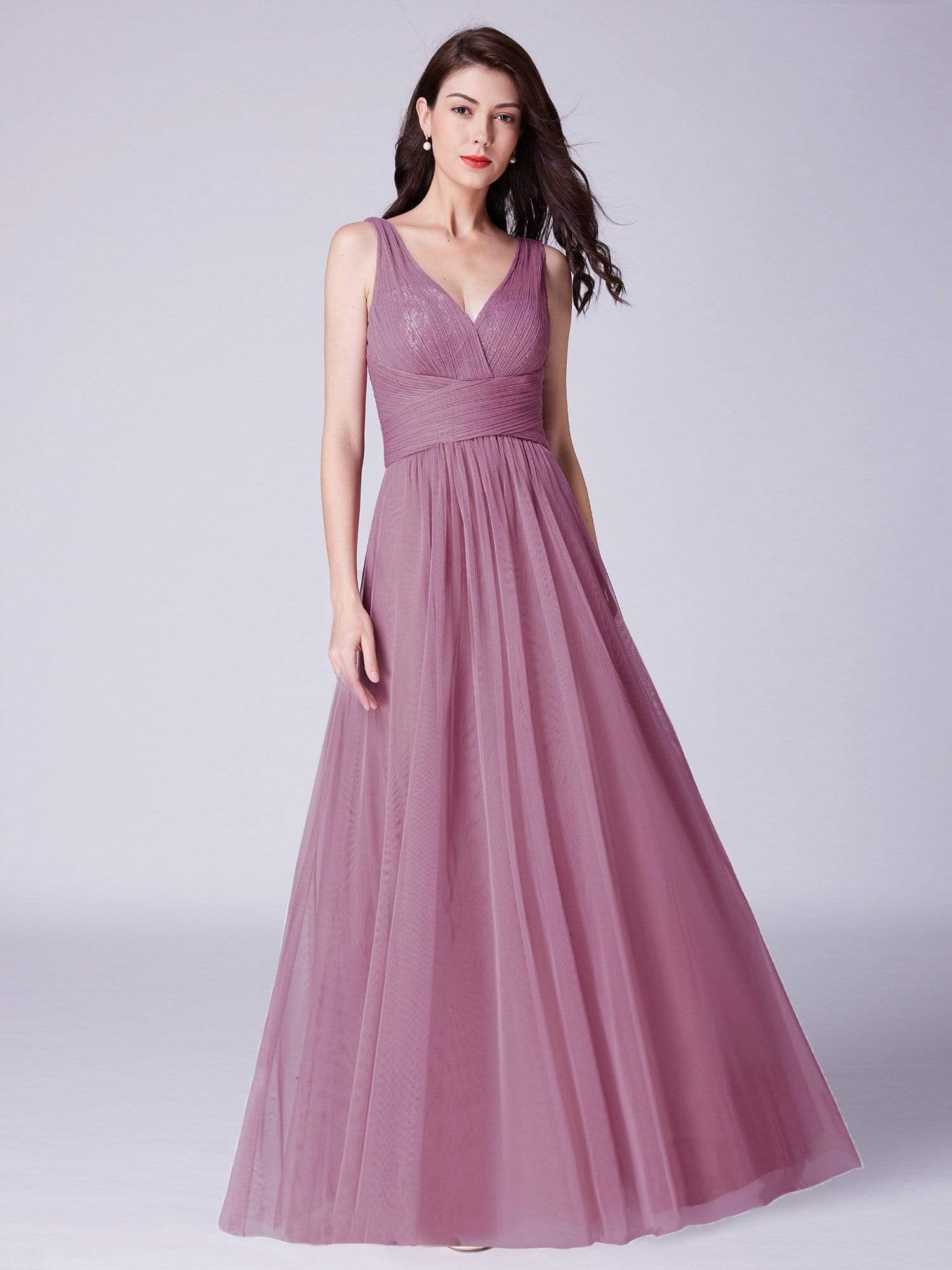 Color=Purple Orchid | V Neck Ruched Waist Long Formal Dress-Purple Orchid 1