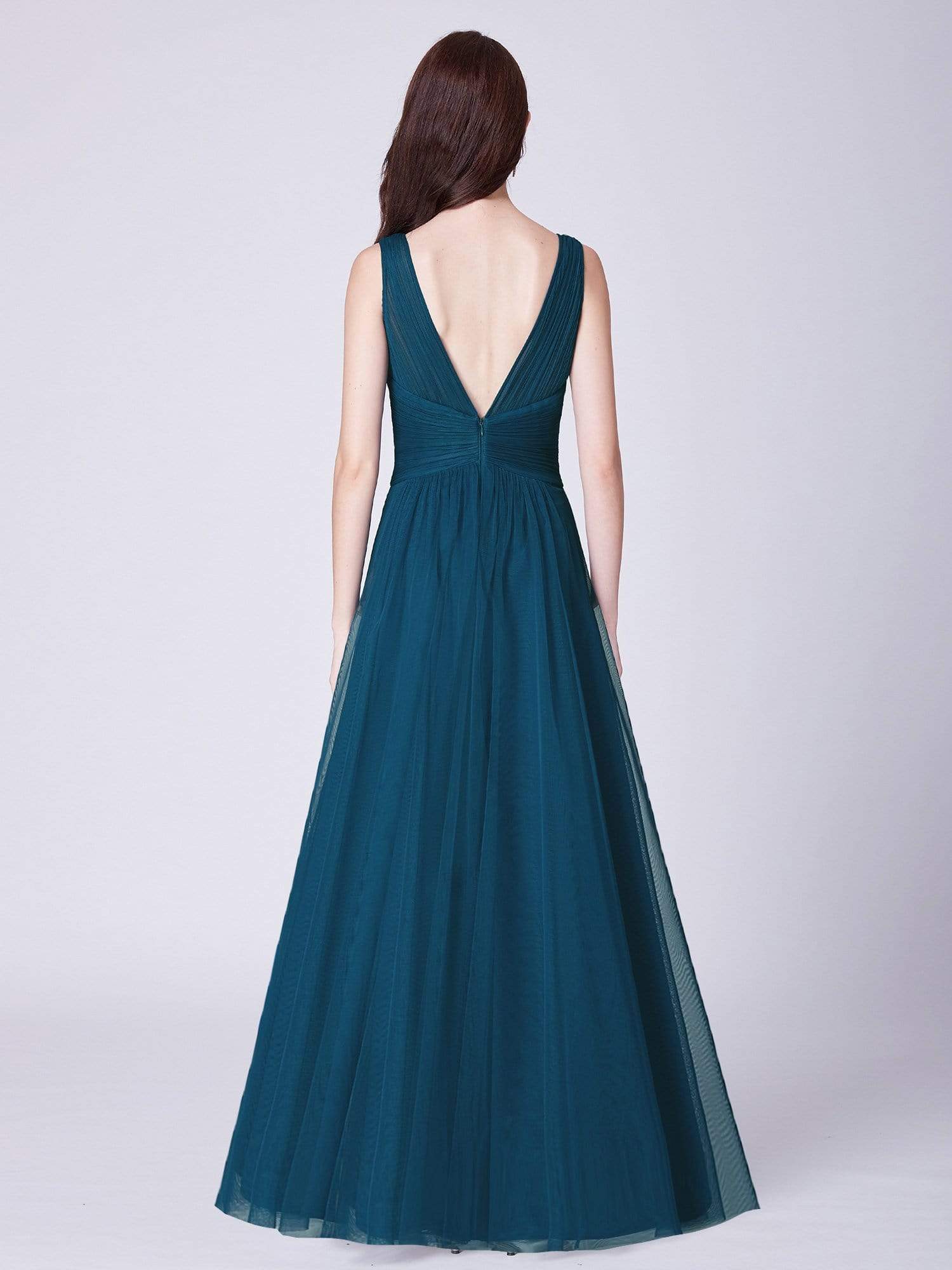 Color=Teal | V Neck Ruched Waist Long Formal Dress-Teal 3