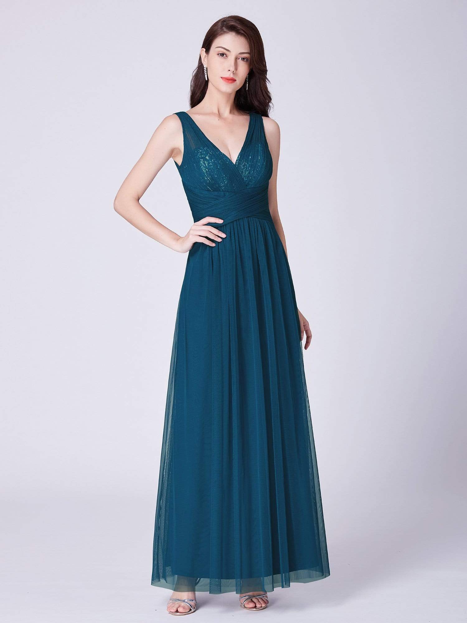 Color=Teal | V Neck Ruched Waist Long Formal Dress-Teal 4