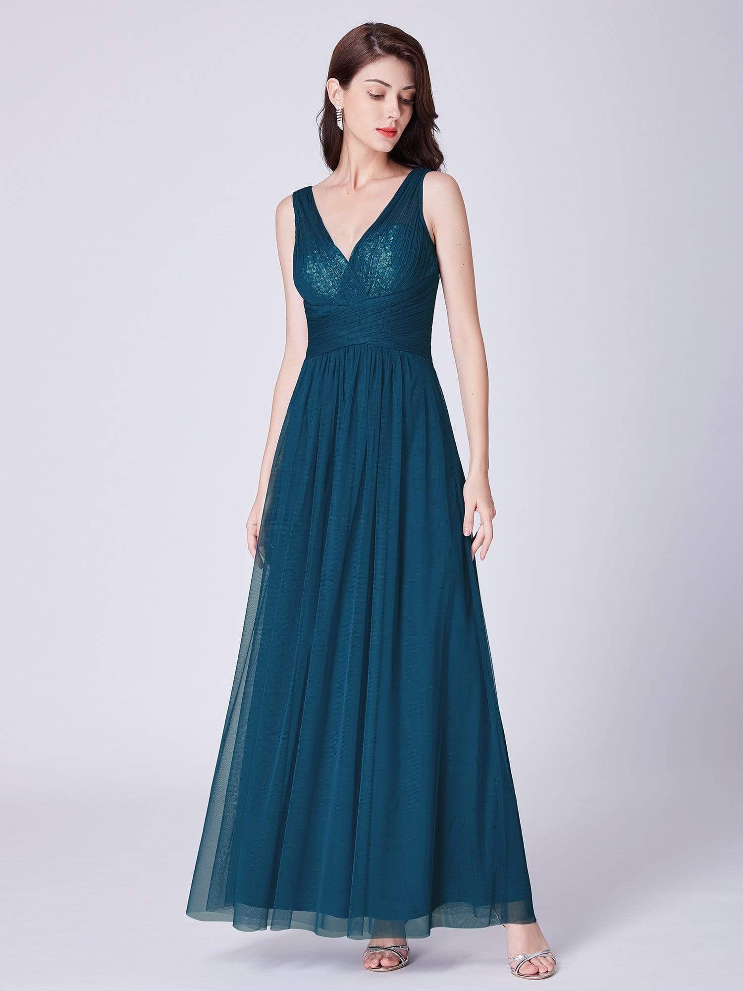 Color=Teal | V Neck Ruched Waist Long Formal Dress-Teal 5