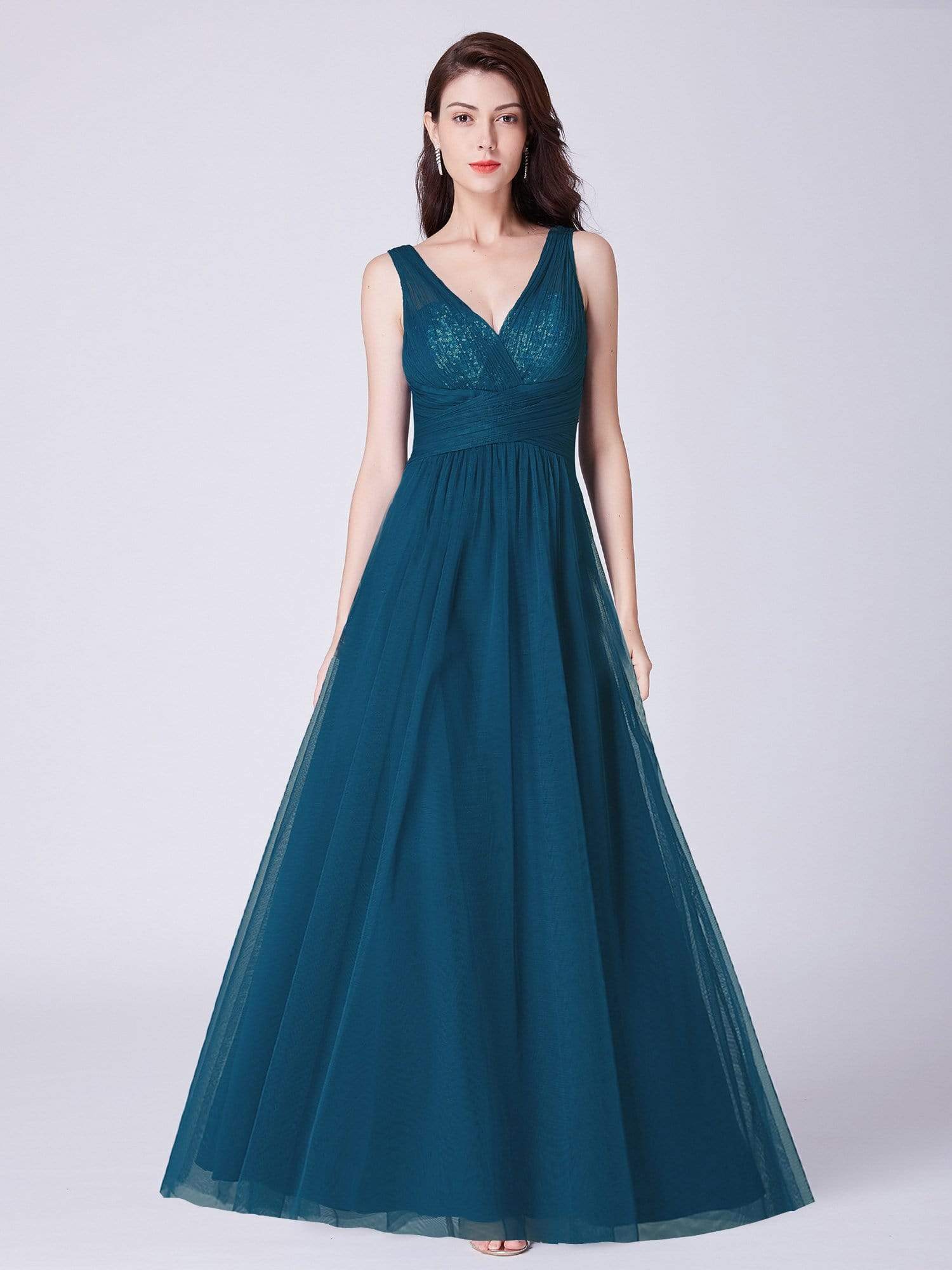 Color=Teal | V Neck Ruched Waist Long Formal Dress-Teal 1