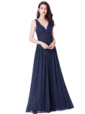 Color=Navy Blue | V Neck Long Formal Maxi Dress-Navy Blue 2