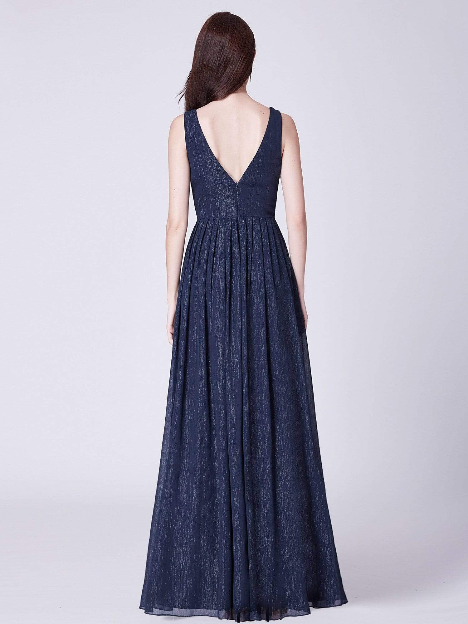 Color=Navy Blue | V Neck Long Formal Maxi Dress-Navy Blue 3