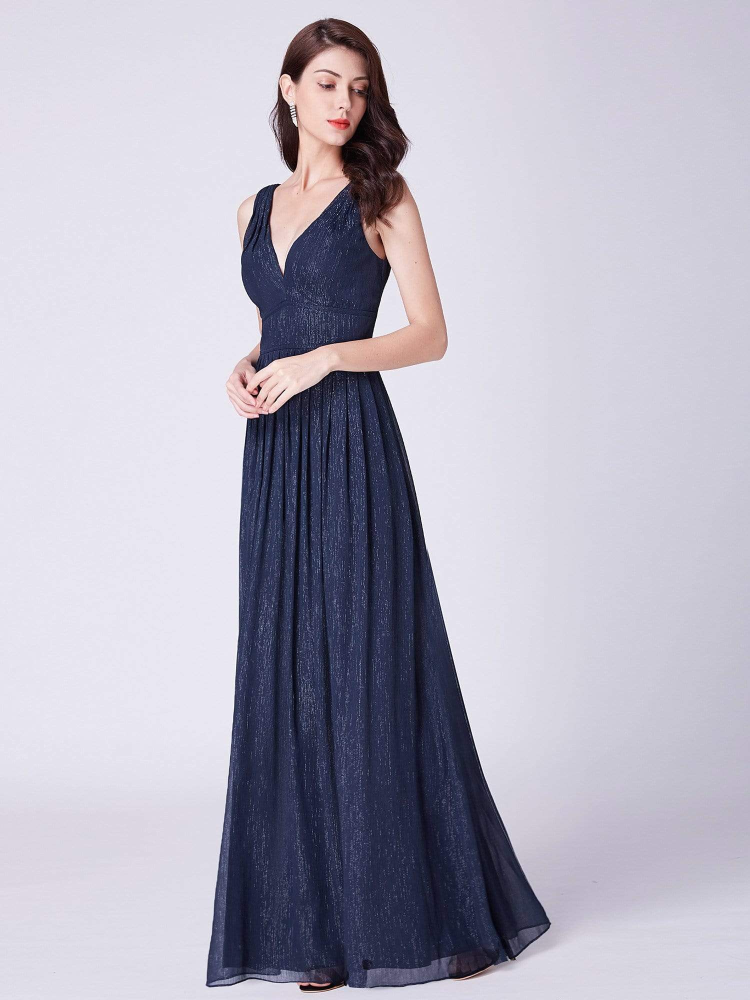Color=Navy Blue | V Neck Long Formal Maxi Dress-Navy Blue 4