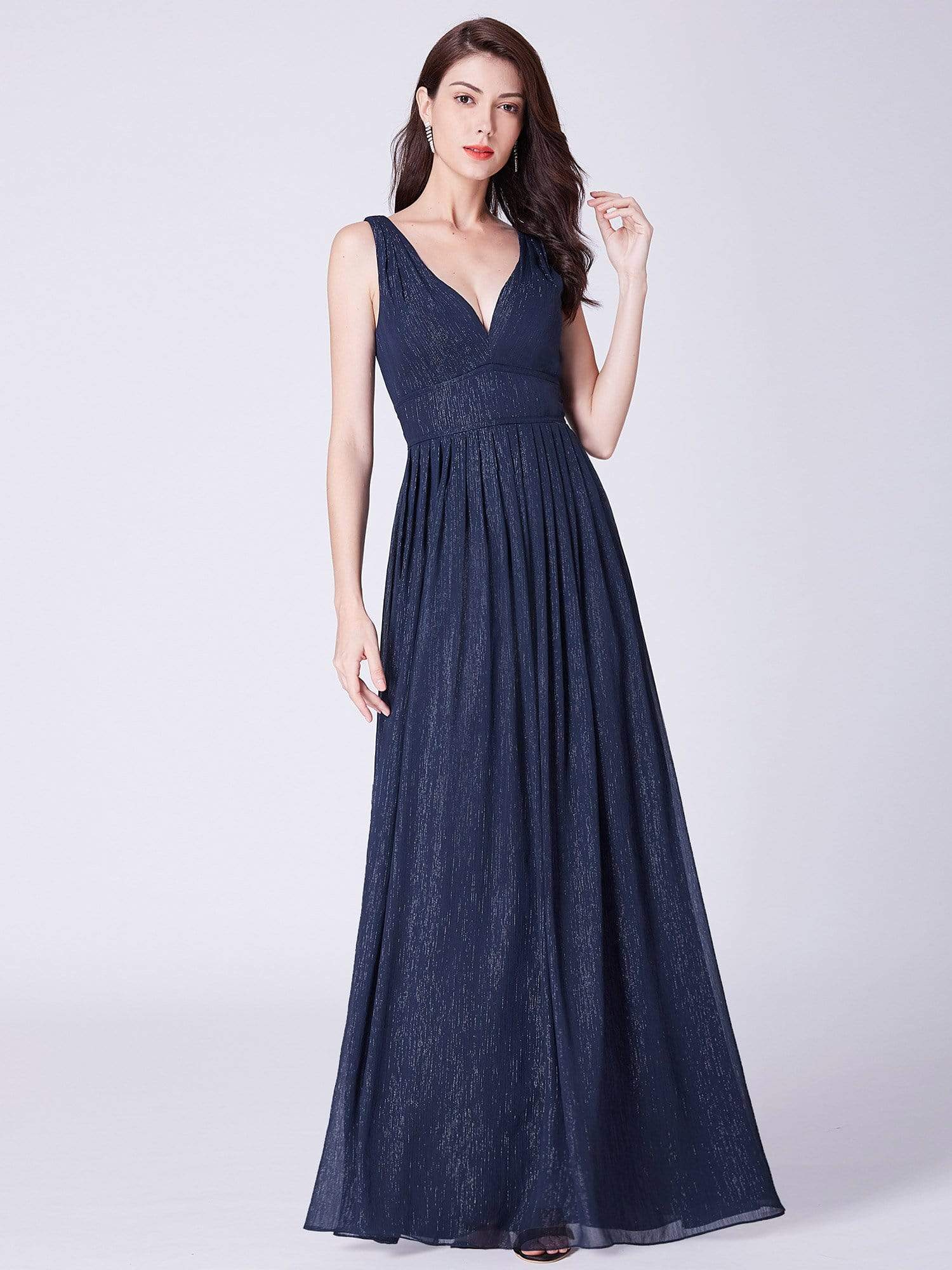 Color=Navy Blue | V Neck Long Formal Maxi Dress-Navy Blue 5