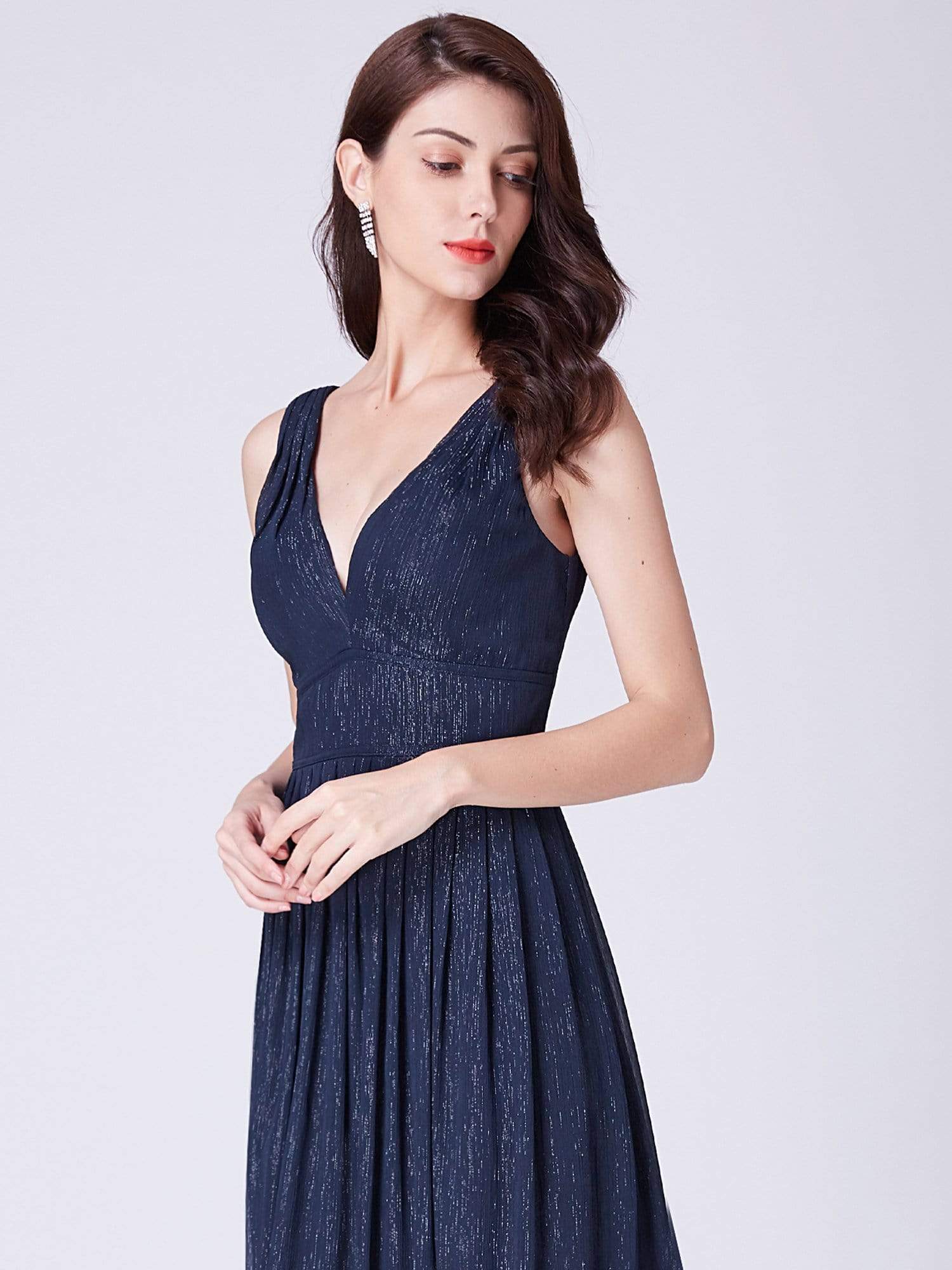 Color=Navy Blue | V Neck Long Formal Maxi Dress-Navy Blue 6