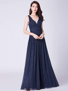Color=Navy Blue | V Neck Long Formal Maxi Dress-Navy Blue 1