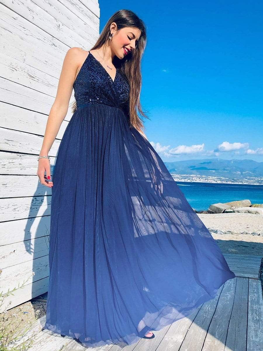 COLOR=Navy Blue | Long Ombre Prom Dress With Sequin Bust-Navy Blue 3