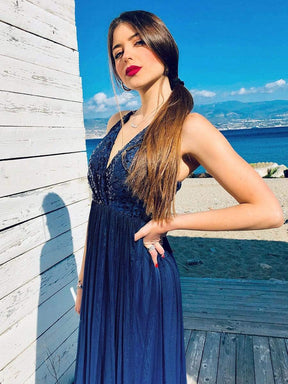 COLOR=Navy Blue | Long Ombre Prom Dress With Sequin Bust-Navy Blue 4