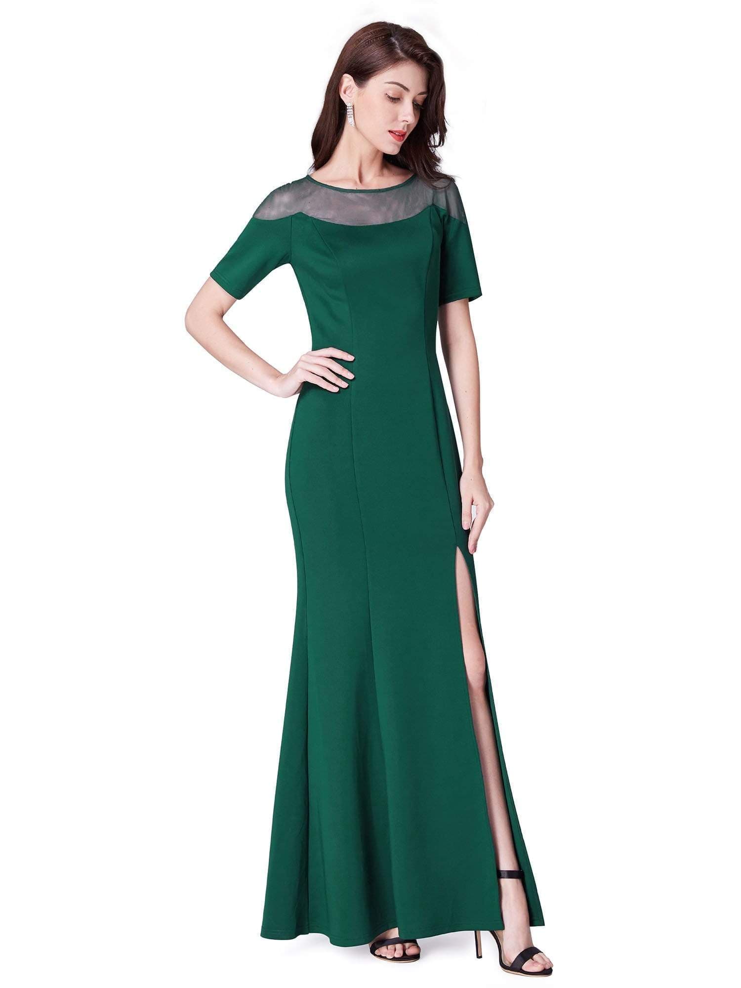 Color=Dark Green | Half Sleeve Floor Length Evening Dress With Slit-Dark Green 2