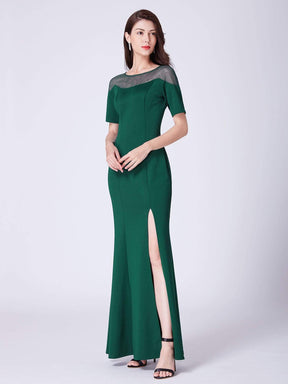 Color=Dark Green | Half Sleeve Floor Length Evening Dress With Slit-Dark Green 4