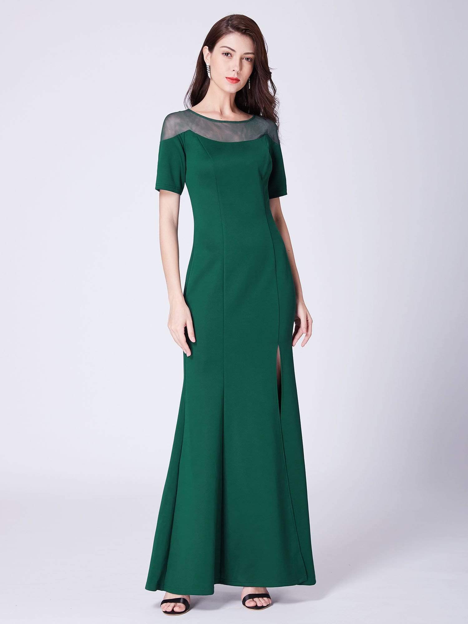 Color=Dark Green | Half Sleeve Floor Length Evening Dress With Slit-Dark Green 5
