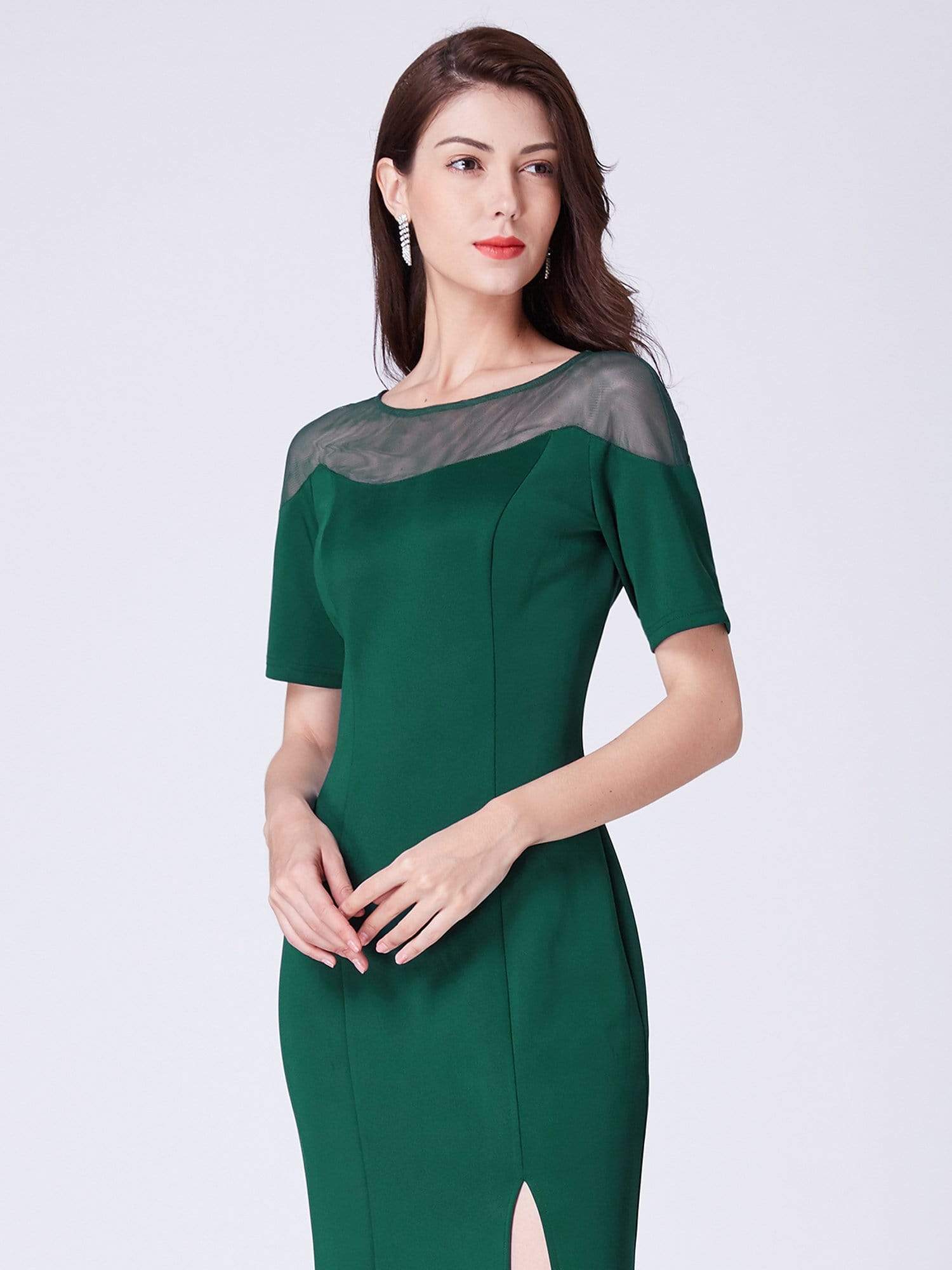 Color=Dark Green | Half Sleeve Floor Length Evening Dress With Slit-Dark Green 6