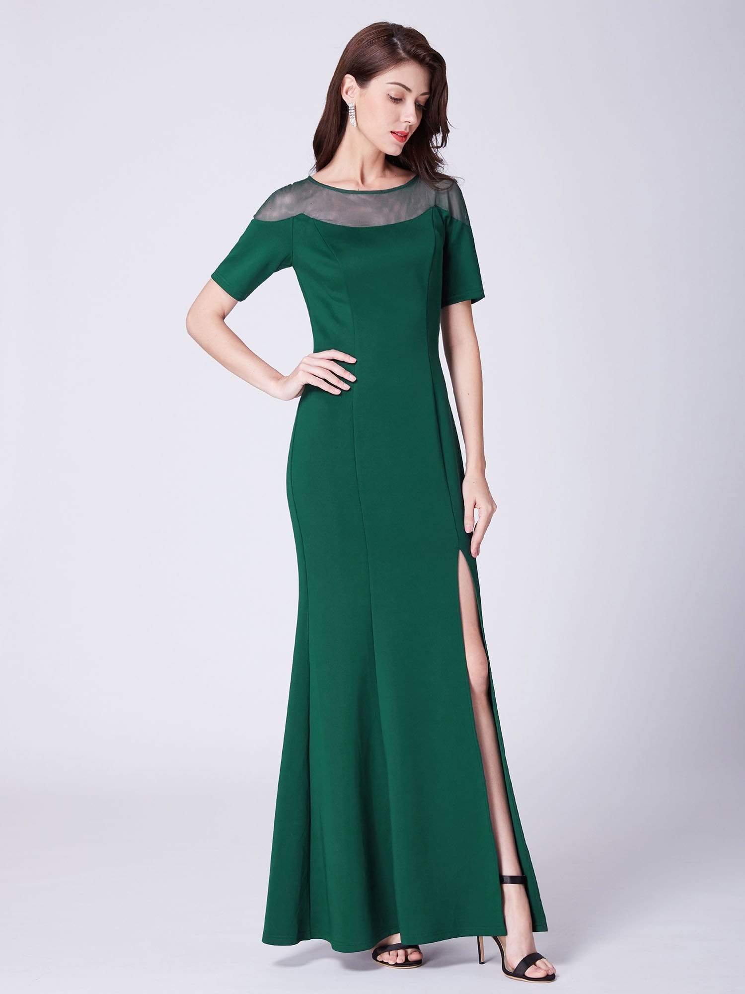 Color=Dark Green | Half Sleeve Floor Length Evening Dress With Slit-Dark Green 1