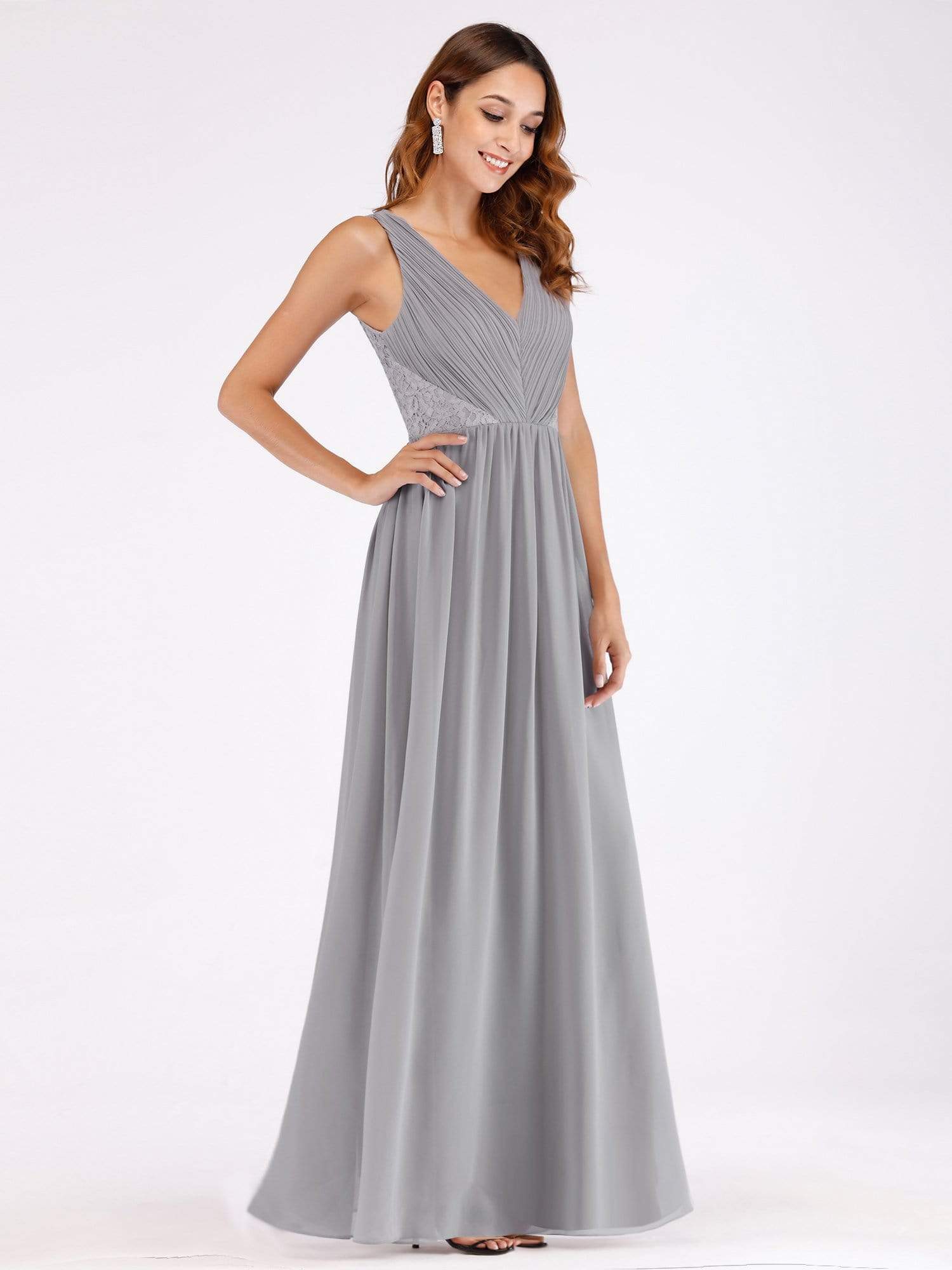 Color=Grey | V Neck Ruched Bust Long Evening Dress-Grey 3