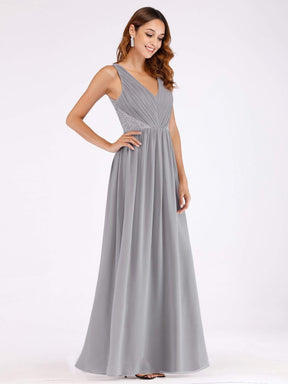 Color=Grey | V Neck Ruched Bust Long Evening Dress-Grey 3