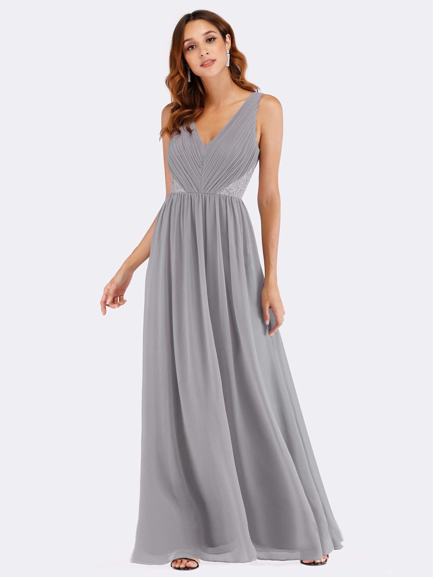 Color=Grey | V Neck Ruched Bust Long Evening Dress-Grey 1