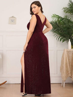 COLOR=Burgundy | Shiny V Neck Floor Length Plus Size Evening Dresses with Side Split-Burgundy 2