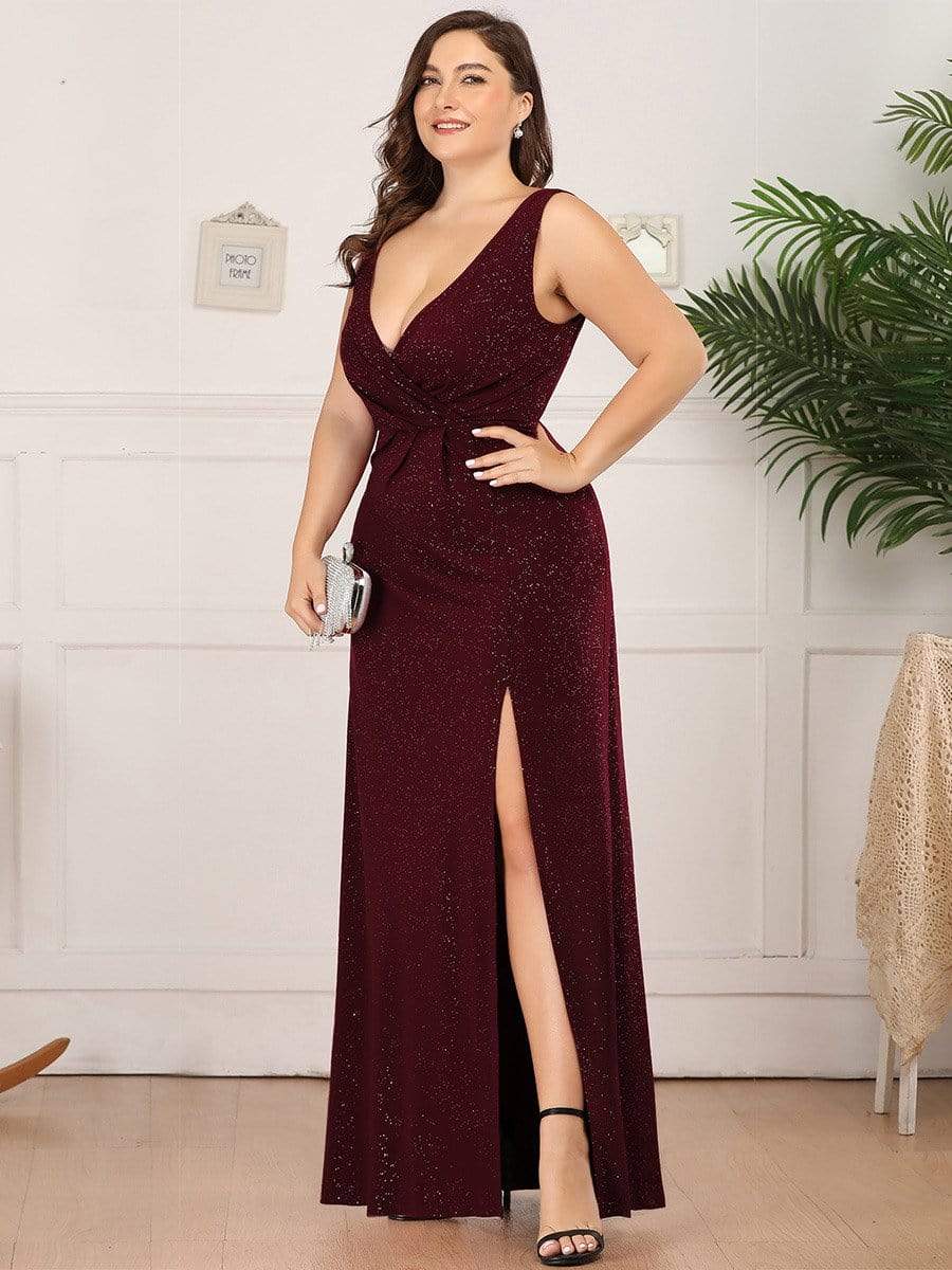 COLOR=Burgundy | Shiny V Neck Floor Length Plus Size Evening Dresses with Side Split-Burgundy 3