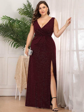 COLOR=Burgundy | Shiny V Neck Floor Length Plus Size Evening Dresses with Side Split-Burgundy 4