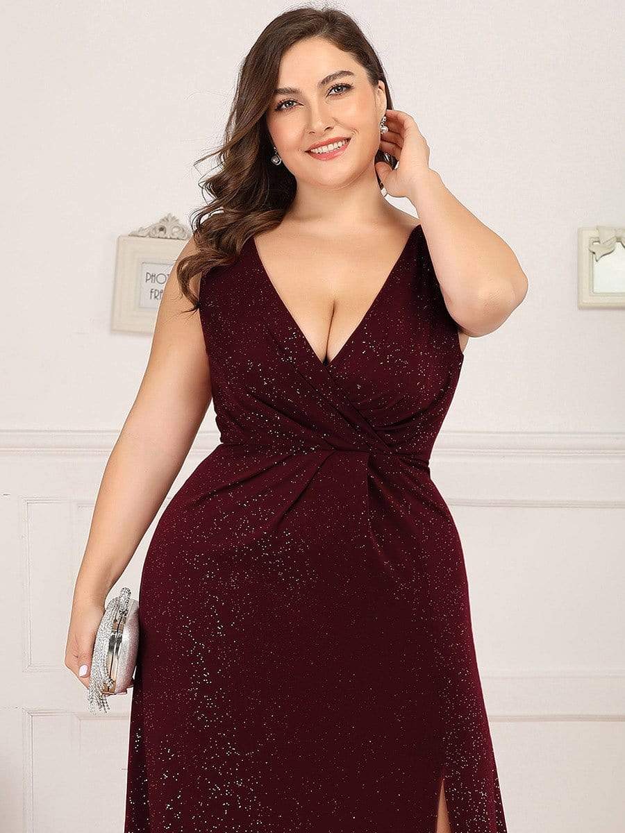 COLOR=Burgundy | Shiny V Neck Floor Length Plus Size Evening Dresses with Side Split-Burgundy 5