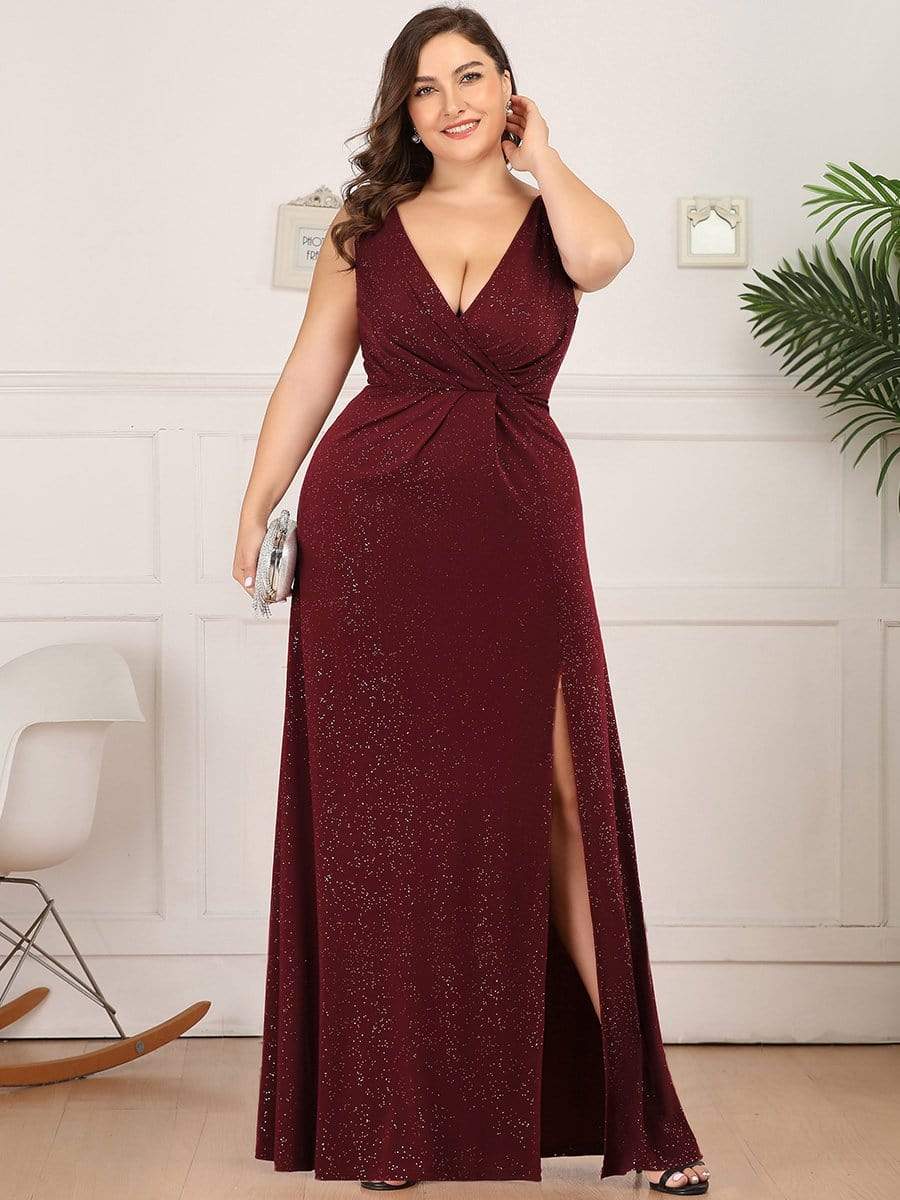 COLOR=Burgundy | Floor Length V Neck Shimmery Evening Dress-Burgundy 5