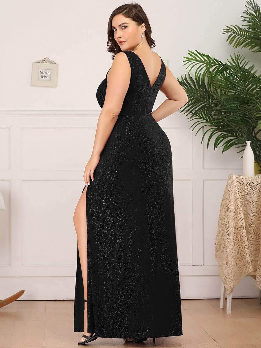 COLOR=Black | Shiny V Neck Floor Length Plus Size Evening Dresses with Side Split-Black 2