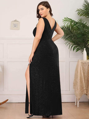 COLOR=Black | Shiny V Neck Floor Length Plus Size Evening Dresses with Side Split-Black 2