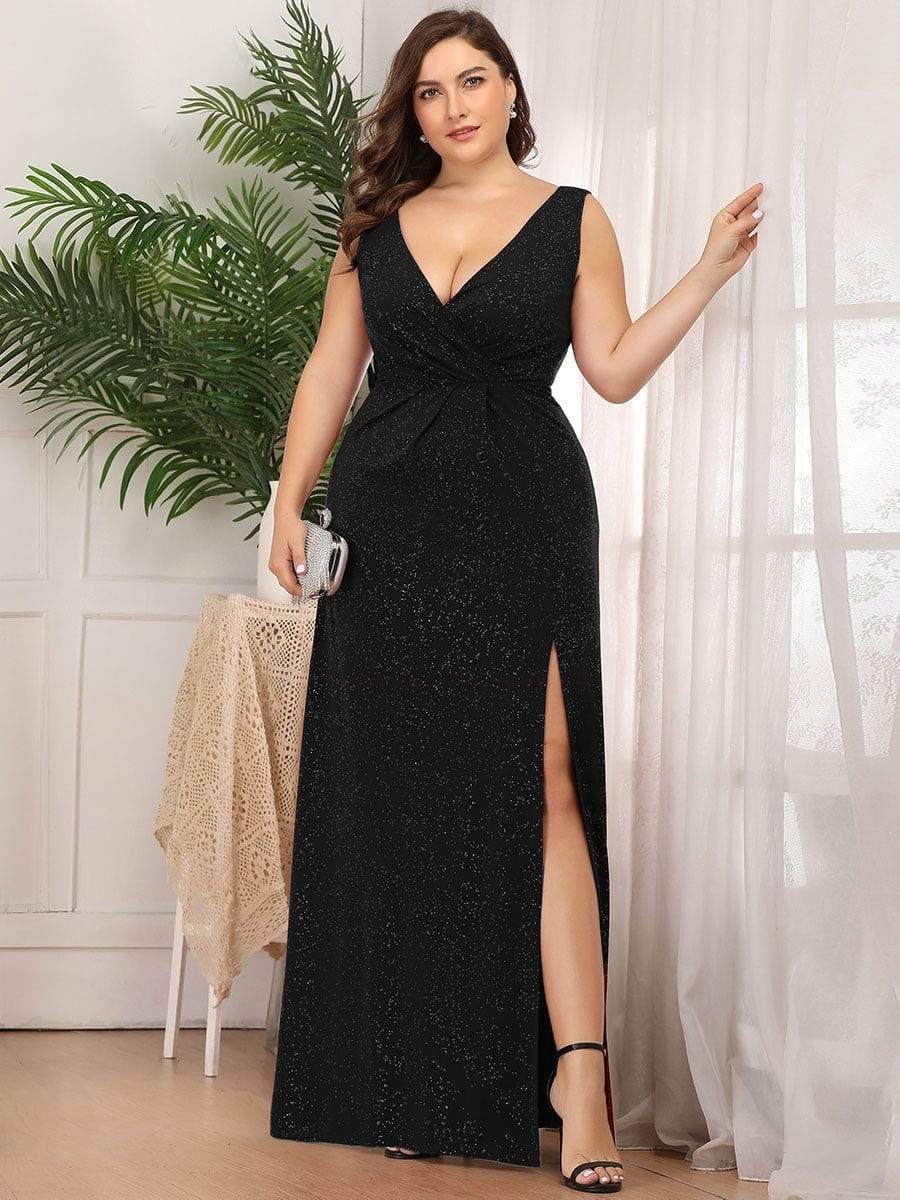 COLOR=Black | Shiny V Neck Floor Length Plus Size Evening Dresses with Side Split-Black 4