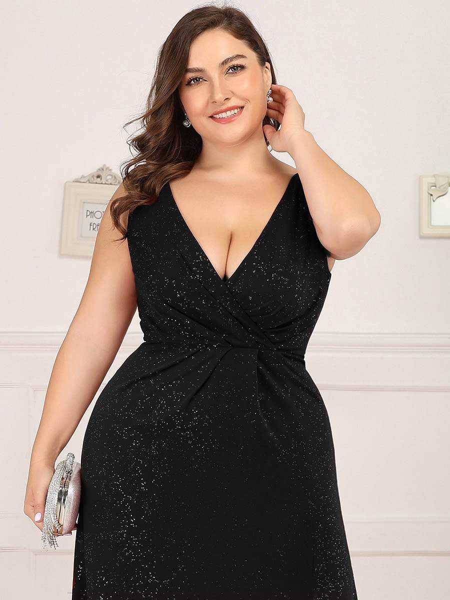 COLOR=Black | Shiny V Neck Floor Length Plus Size Evening Dresses with Side Split-Black 5