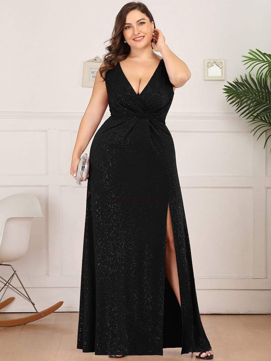 COLOR=Black | Shiny V Neck Floor Length Plus Size Evening Dresses with Side Split-Black 1