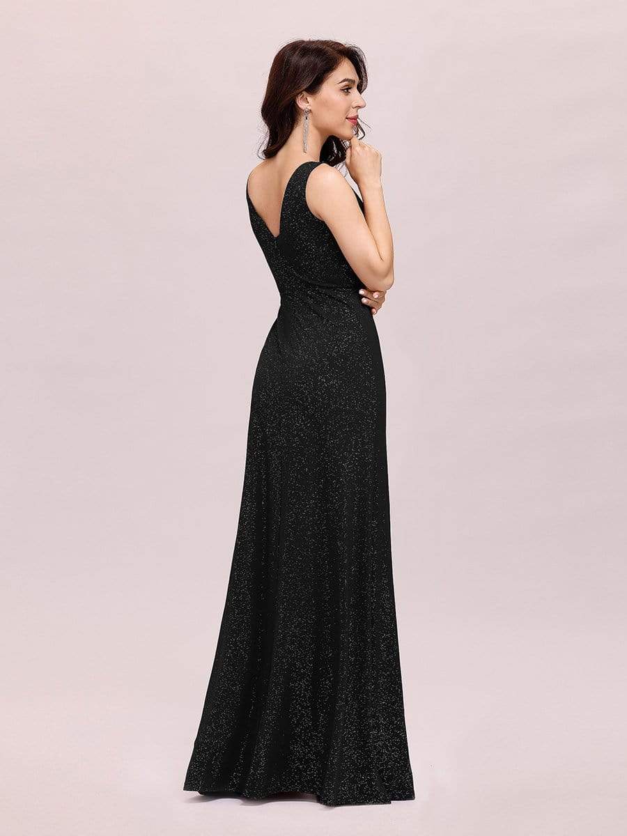 COLOR=Black | Floor Length V Neck Shimmery Evening Dress-Black 5