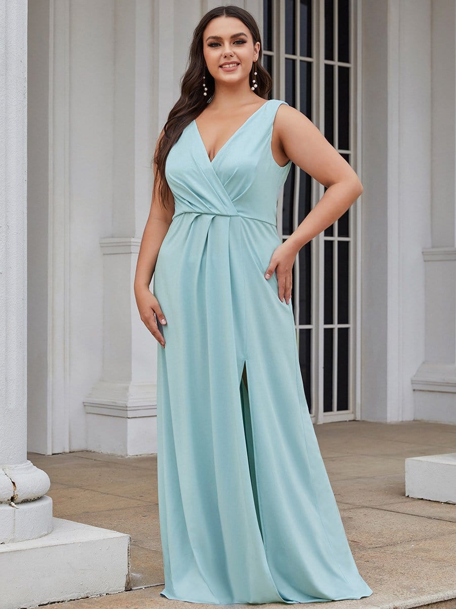 COLOR=Sky Blue | Shiny V Neck Floor Length Plus Size Evening Dresses with Side Split-Sky Blue 3